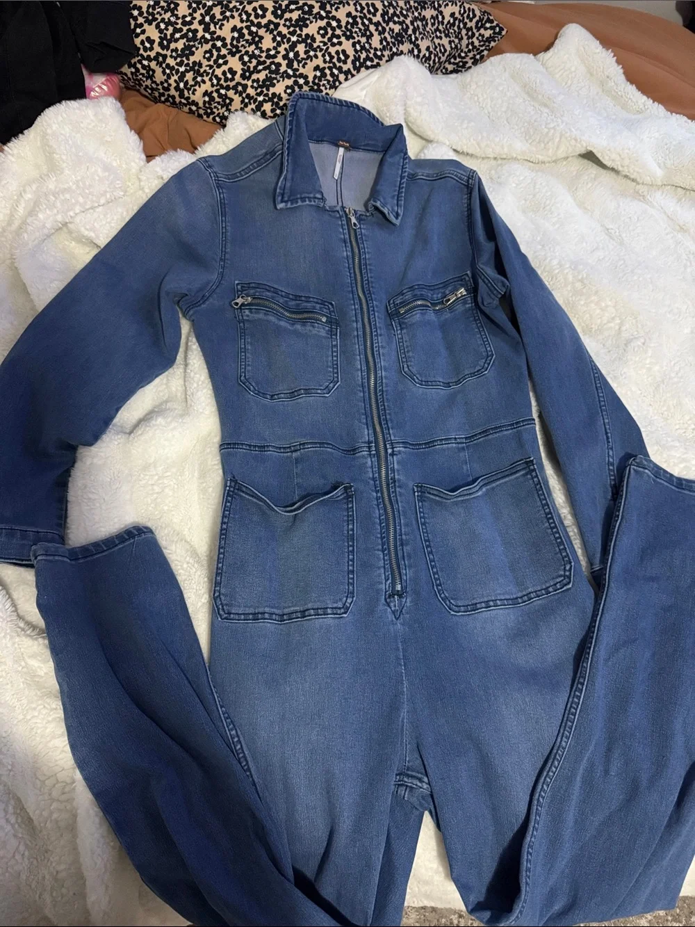 Free People Blue Denim Zip-Front Utility Jumpsuit